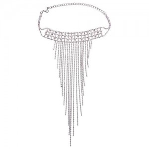 Rhinestone Embellished Long Tassel Glistening Design Choker Fashion Necklace - Silver
