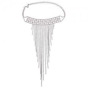 Rhinestone Embellished Long Tassel Glistening Design Choker Fashion Necklace - Silver