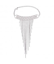 Rhinestone Embellished Long Tassel Glistening Design Choker Fashion Necklace - Silver