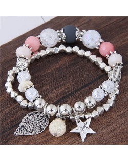 Leaf and Star Pendant Dual Layers Beads Fashion Bracelet