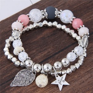 Leaf and Star Pendant Dual Layers Beads Fashion Bracelet