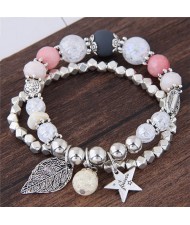 Leaf and Star Pendant Dual Layers Beads Fashion Bracelet