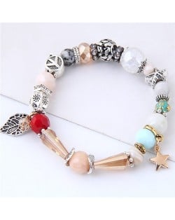 Peace Symbol with Leaf Pendant Multi-elements Beads Fashion Bracelet