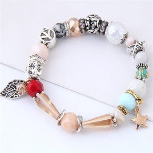 Peace Symbol with Leaf Pendant Multi-elements Beads Fashion Bracelet
