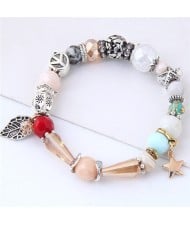 Peace Symbol with Leaf Pendant Multi-elements Beads Fashion Bracelet