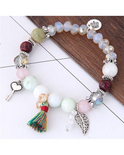 Crown Leaf Key and Cotton Threads Tassel Beads Fashion Bracelet