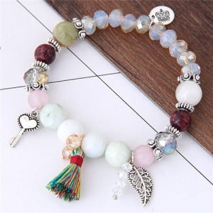 Crown Leaf Key and Cotton Threads Tassel Beads Fashion Bracelet
