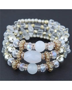 Bohemian Fashion Crystal and Artificial Turquoise Mixed Design Triple Layers Fashion Bracelet - White