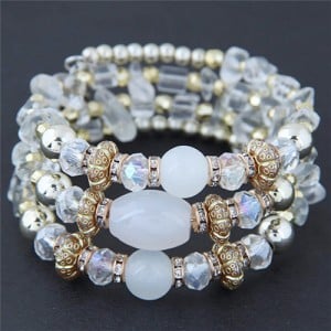 Bohemian Fashion Crystal and Artificial Turquoise Mixed Design Triple Layers Fashion Bracelet - White