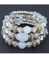 Bohemian Fashion Crystal and Artificial Turquoise Mixed Design Triple Layers Fashion Bracelet - White