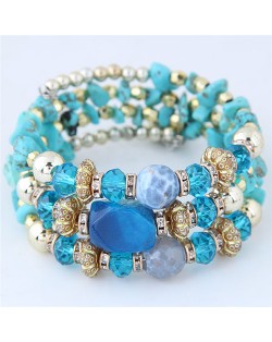 Bohemian Fashion Crystal and Artificial Turquoise Mixed Design Triple Layers Fashion Bracelet - Blue