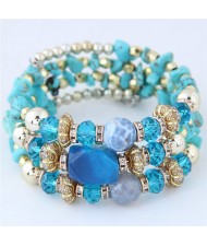 Bohemian Fashion Crystal and Artificial Turquoise Mixed Design Triple Layers Fashion Bracelet - Blue