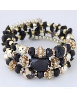Bohemian Fashion Crystal and Artificial Turquoise Mixed Design Triple Layers Fashion Bracelet - Black
