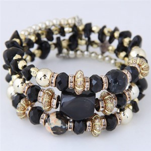 Bohemian Fashion Crystal and Artificial Turquoise Mixed Design Triple Layers Fashion Bracelet - Black