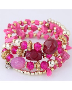 Bohemian Fashion Crystal and Artificial Turquoise Mixed Design Triple Layers Fashion Bracelet - Rose