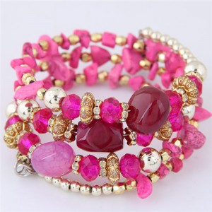 Bohemian Fashion Crystal and Artificial Turquoise Mixed Design Triple Layers Fashion Bracelet - Rose