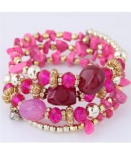 Bohemian Fashion Crystal and Artificial Turquoise Mixed Design Triple Layers Fashion Bracelet - Rose