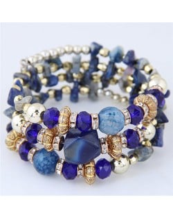 Bohemian Fashion Crystal and Artificial Turquoise Mixed Design Triple Layers Fashion Bracelet - Royal Blue