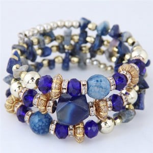Bohemian Fashion Crystal and Artificial Turquoise Mixed Design Triple Layers Fashion Bracelet - Royal Blue