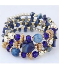 Bohemian Fashion Crystal and Artificial Turquoise Mixed Design Triple Layers Fashion Bracelet - Royal Blue