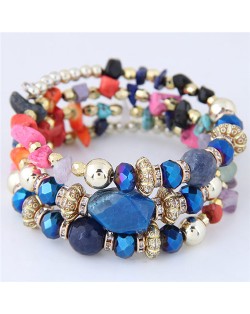 Bohemian Fashion Crystal and Artificial Turquoise Mixed Design Triple Layers Fashion Bracelet - Multicolor