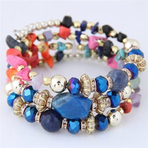 Bohemian Fashion Crystal and Artificial Turquoise Mixed Design Triple Layers Fashion Bracelet - Multicolor
