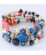 Bohemian Fashion Crystal and Artificial Turquoise Mixed Design Triple Layers Fashion Bracelet - Multicolor