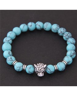 Leopard Head Turquoise Beads Fashion Bracelet - Blue