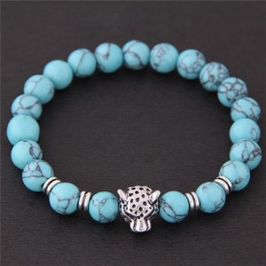 Leopard Head Turquoise Beads Fashion Bracelet - Blue