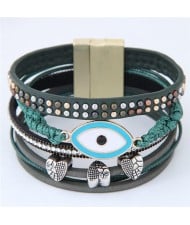 Unique Eye and Beaking Hearts Design Multi-layer High Fashion Leather Bangle - Green