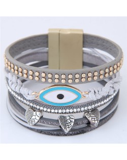 Unique Eye and Beaking Hearts Design Multi-layer High Fashion Leather Bangle - Gray