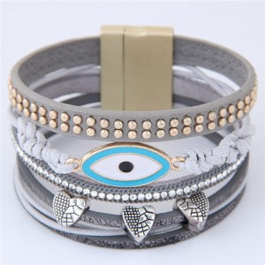 Unique Eye and Beaking Hearts Design Multi-layer High Fashion Leather Bangle - Gray