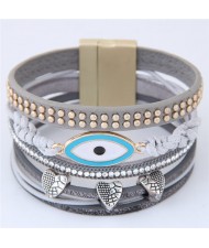 Unique Eye and Beaking Hearts Design Multi-layer High Fashion Leather Bangle - Gray