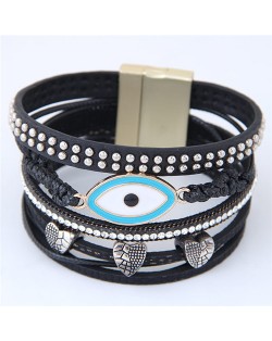 Unique Eye and Beaking Hearts Design Multi-layer High Fashion Leather Bangle - Black