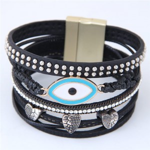 Unique Eye and Beaking Hearts Design Multi-layer High Fashion Leather Bangle - Black