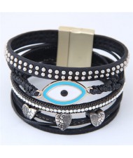 Unique Eye and Beaking Hearts Design Multi-layer High Fashion Leather Bangle - Black