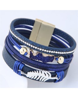 Alloy Leaf Attached Multi-layer Wide Style Magnet Fashion Bangle - Blue