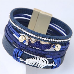 Alloy Leaf Attached Multi-layer Wide Style Magnet Fashion Bangle - Blue