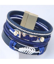 Alloy Leaf Attached Multi-layer Wide Style Magnet Fashion Bangle - Blue