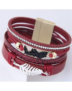 Alloy Leaf Attached Multi-layer Wide Style Magnet Fashion Bangle - Red