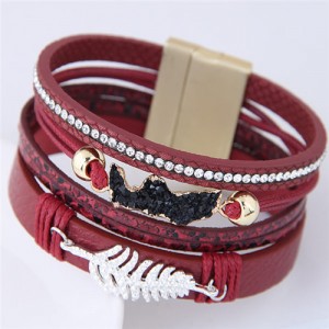 Alloy Leaf Attached Multi-layer Wide Style Magnet Fashion Bangle - Red