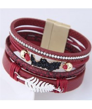 Alloy Leaf Attached Multi-layer Wide Style Magnet Fashion Bangle - Red