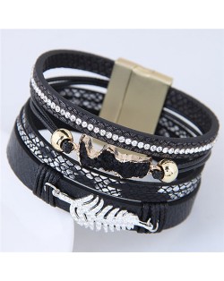 Alloy Leaf Attached Multi-layer Wide Style Magnet Fashion Bangle - Black