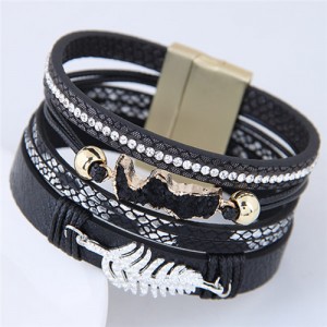 Alloy Leaf Attached Multi-layer Wide Style Magnet Fashion Bangle - Black