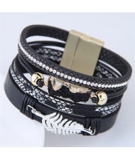 Alloy Leaf Attached Multi-layer Wide Style Magnet Fashion Bangle - Black