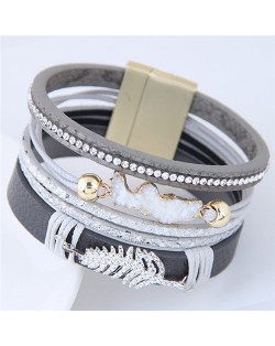 Alloy Leaf Attached Multi-layer Wide Style Magnet Fashion Bangle - Gray