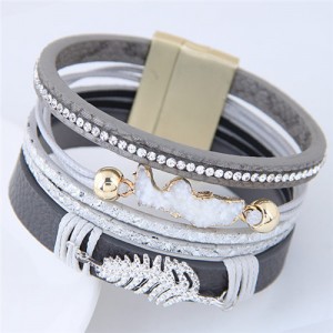 Alloy Leaf Attached Multi-layer Wide Style Magnet Fashion Bangle - Gray
