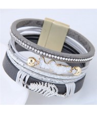 Alloy Leaf Attached Multi-layer Wide Style Magnet Fashion Bangle - Gray