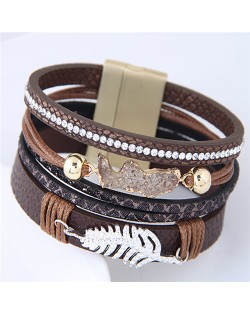 Alloy Leaf Attached Multi-layer Wide Style Magnet Fashion Bangle - Brown