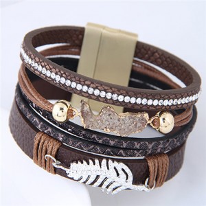 Alloy Leaf Attached Multi-layer Wide Style Magnet Fashion Bangle - Brown